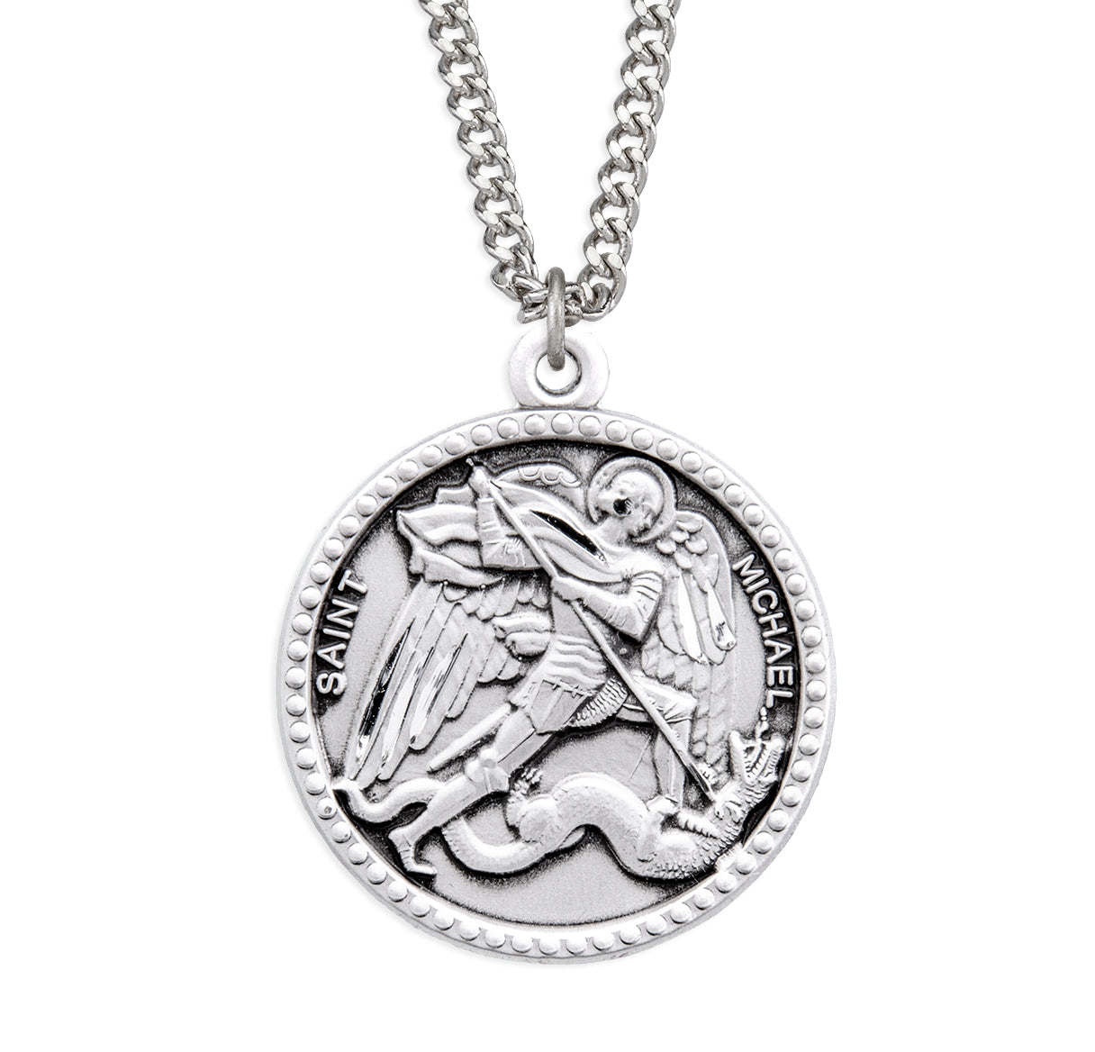 Saint Michael the Archangel Slaying Demon Round Sterling Silver Medal Pendant with Chain | .925 Silver