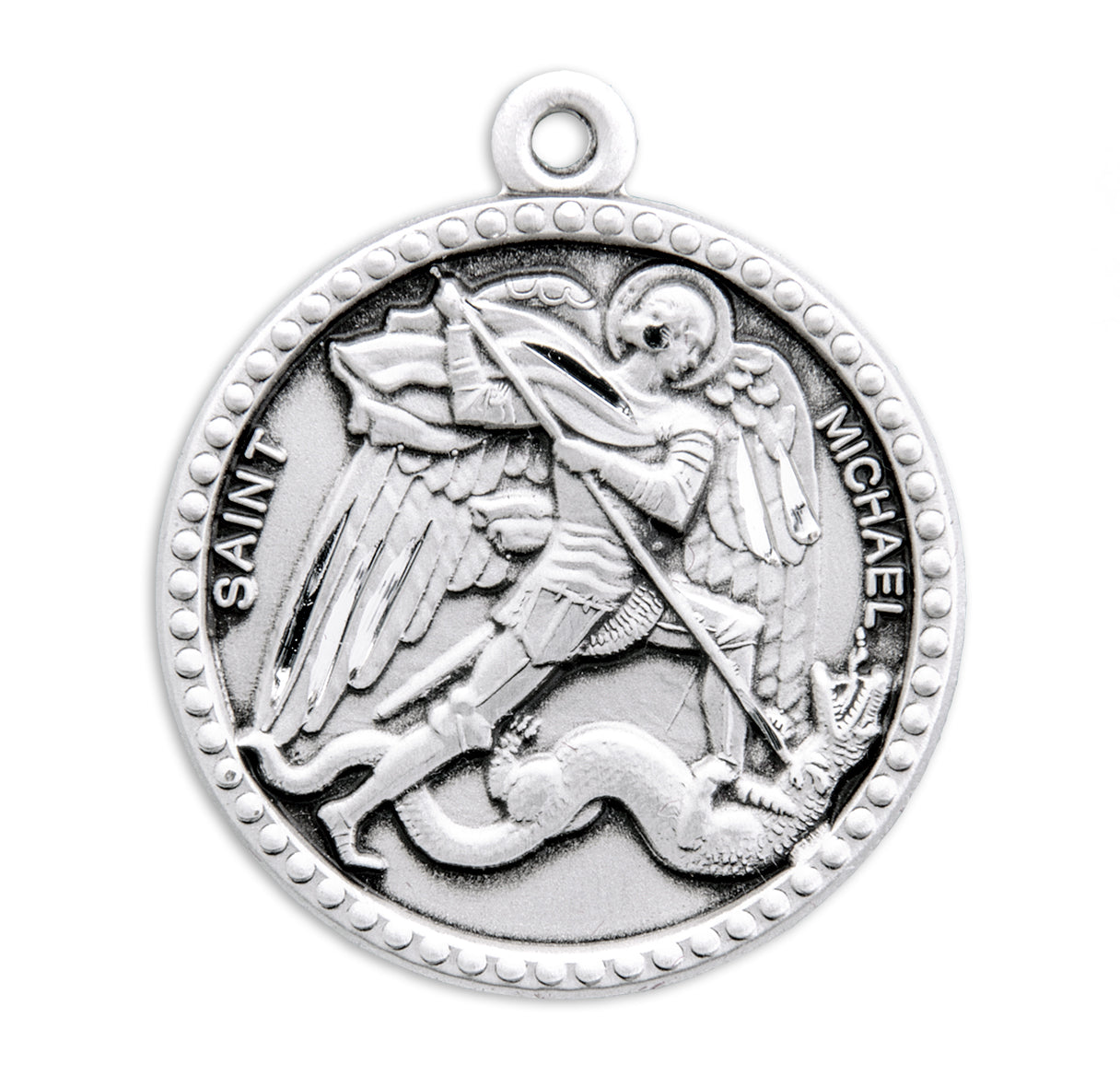 Saint Michael the Archangel Slaying Demon Round Sterling Silver Medal Pendant with Chain | .925 Silver