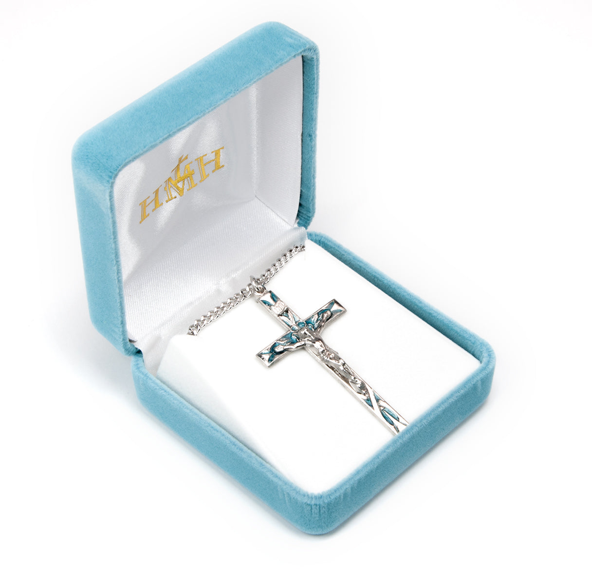 High Polished Blue Enameled Sterling Silver Crucifix Necklace | .925 Silver