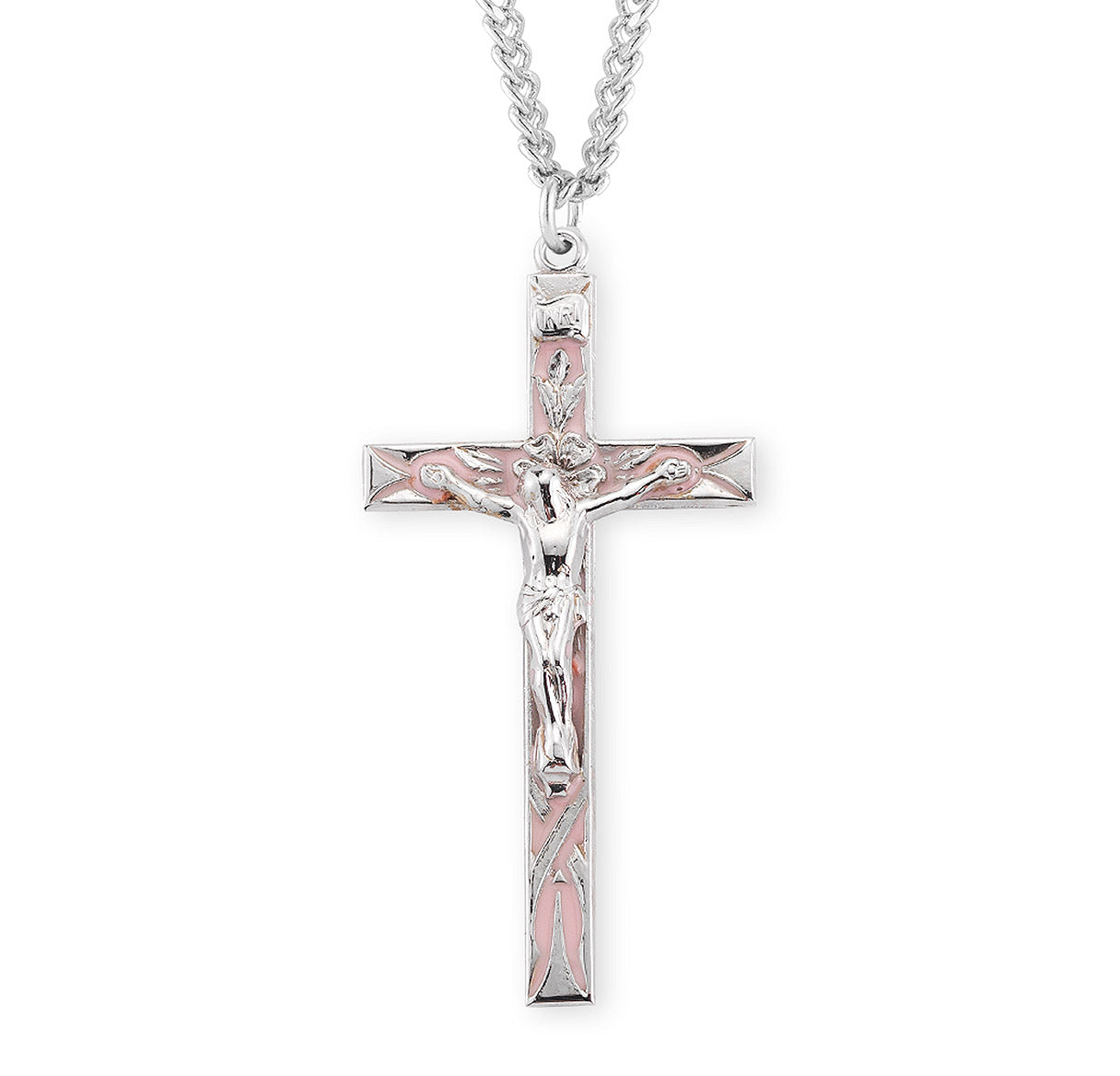 High Polished Pink Enameled Sterling Silver Crucifix Necklace | .925 Silver