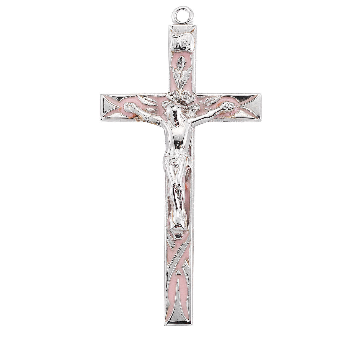 High Polished Pink Enameled Sterling Silver Crucifix Necklace | .925 Silver