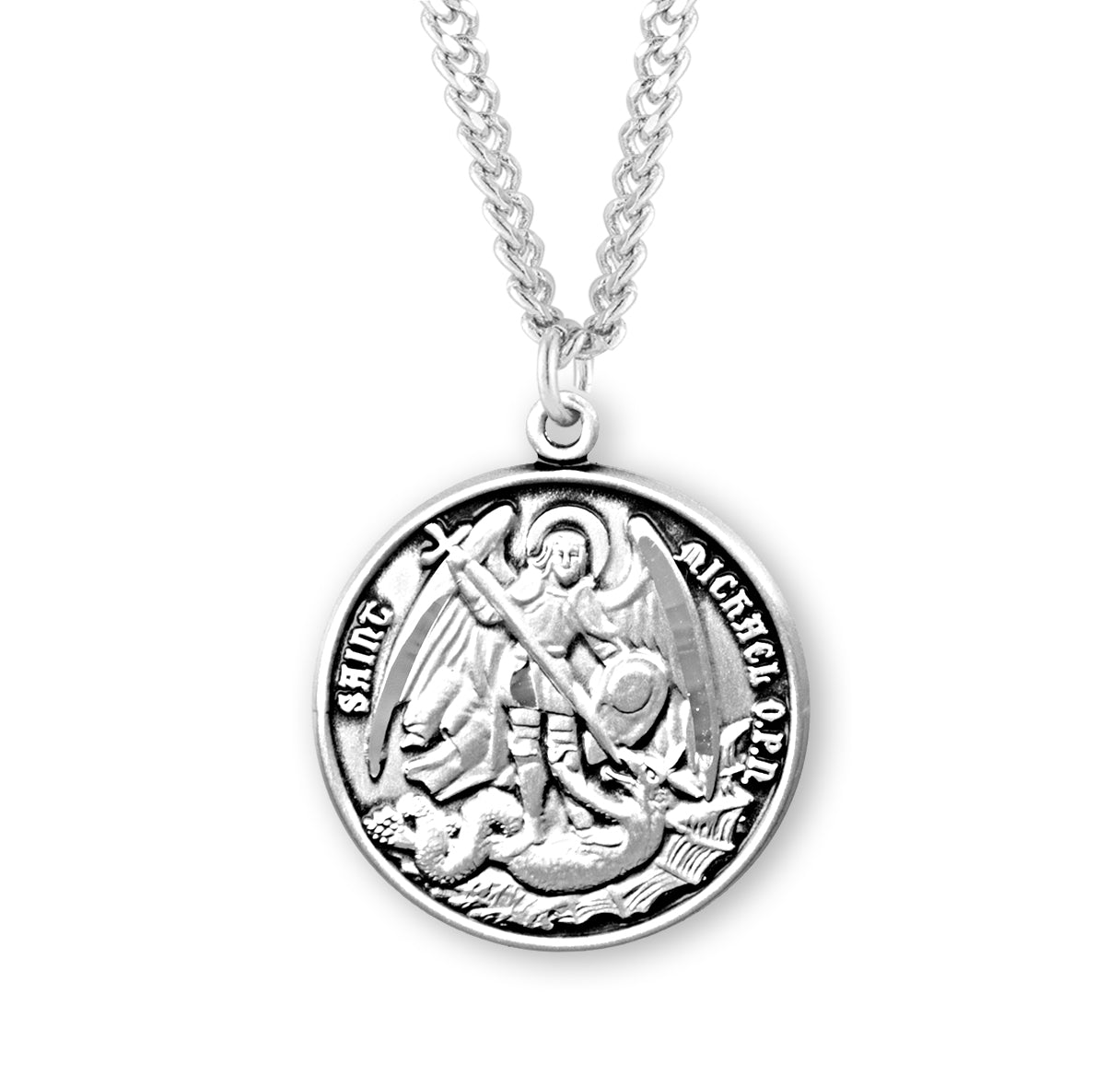 Saint Michael the Archangel Slaying Demon Round Sterling Silver Medal Pendant with Chain | .925 Silver