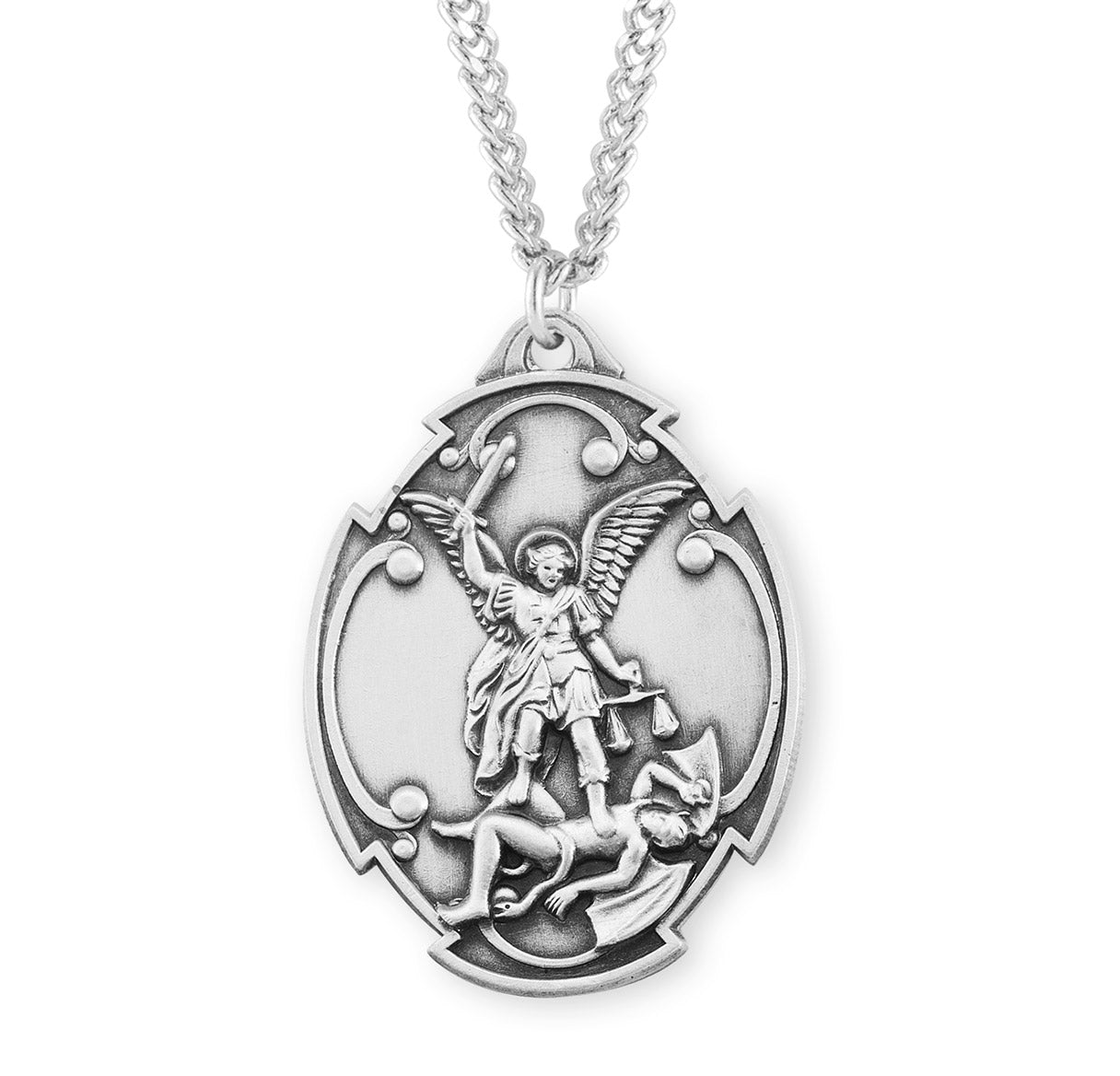 Saint Michael the Archangel Slaying Demon the Archangel in Styled Cross Shield Medal Pendant with Chain | Catholic Jewelry