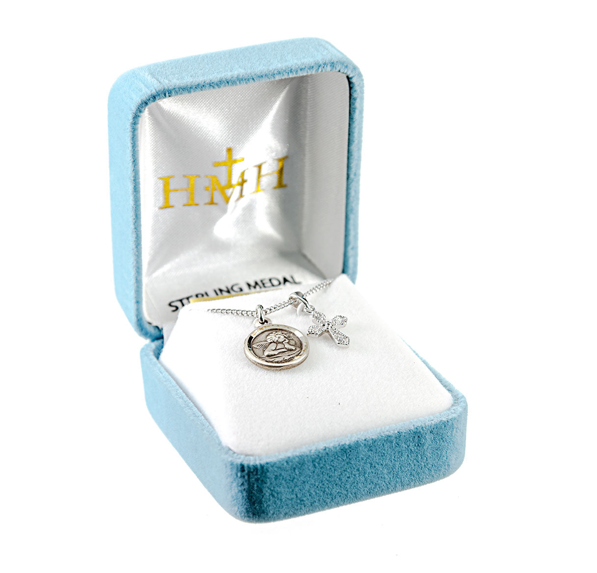 Sterling Silver Cherub Medal and Small CZ Cross Necklace | .925 Silver