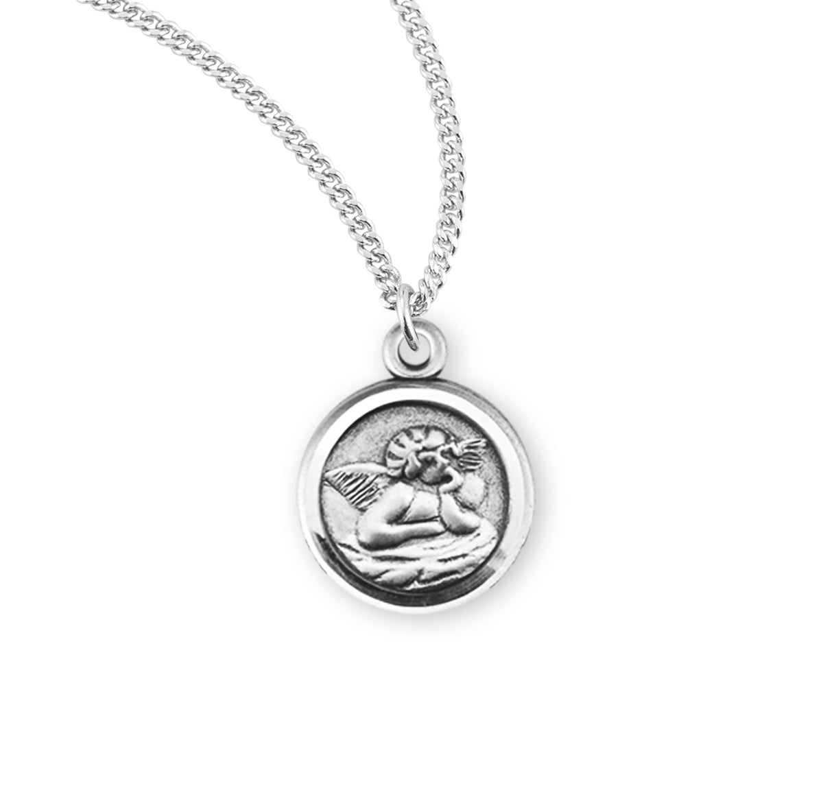 Guardian Angel Round Sterling Silver Medal Pendant with Chain | .925 Silver