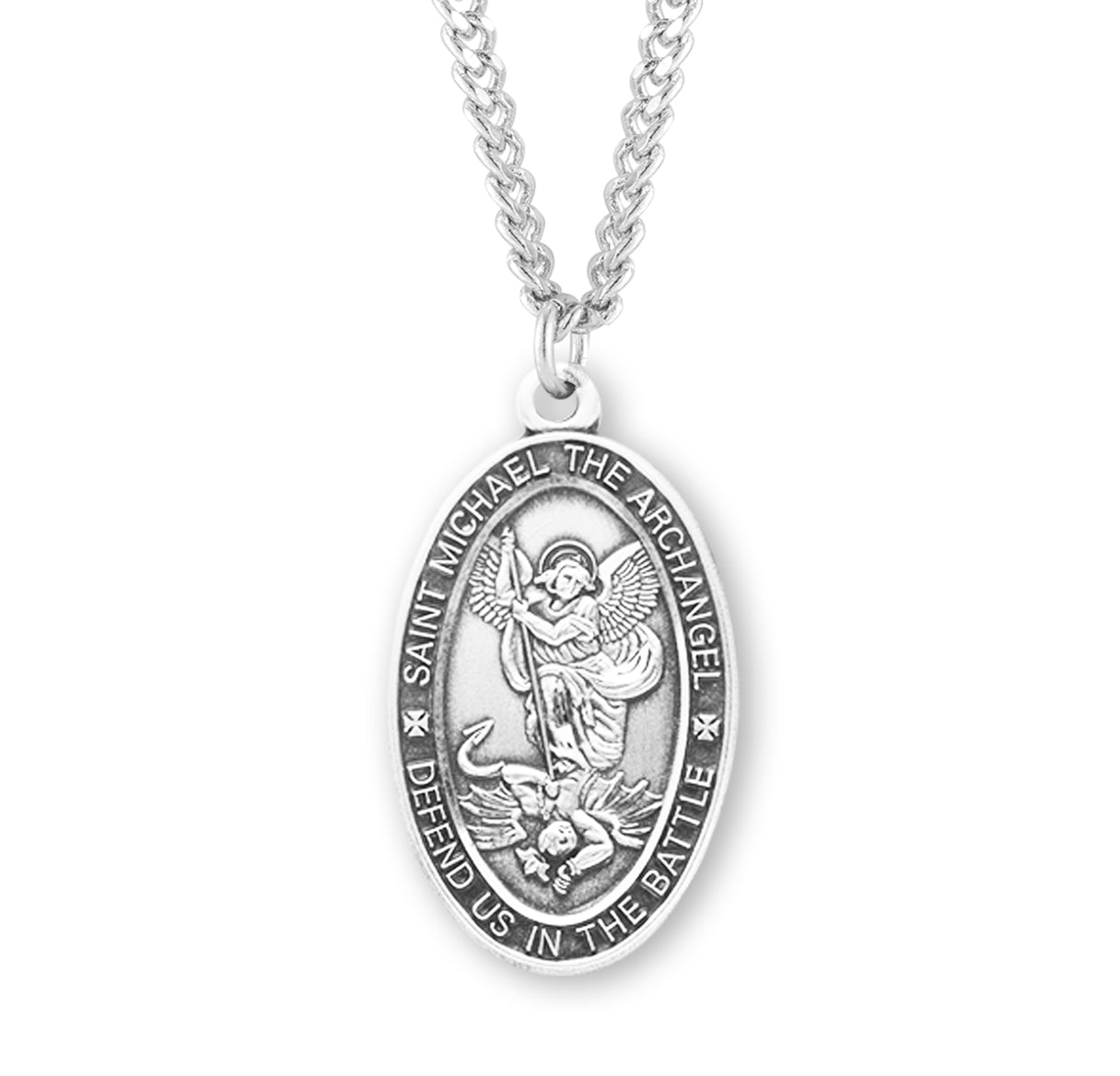 Saint Michael the Archangel Slaying Demon Oval Sterling Silver Medal Pendant with Chain | .925 Silver