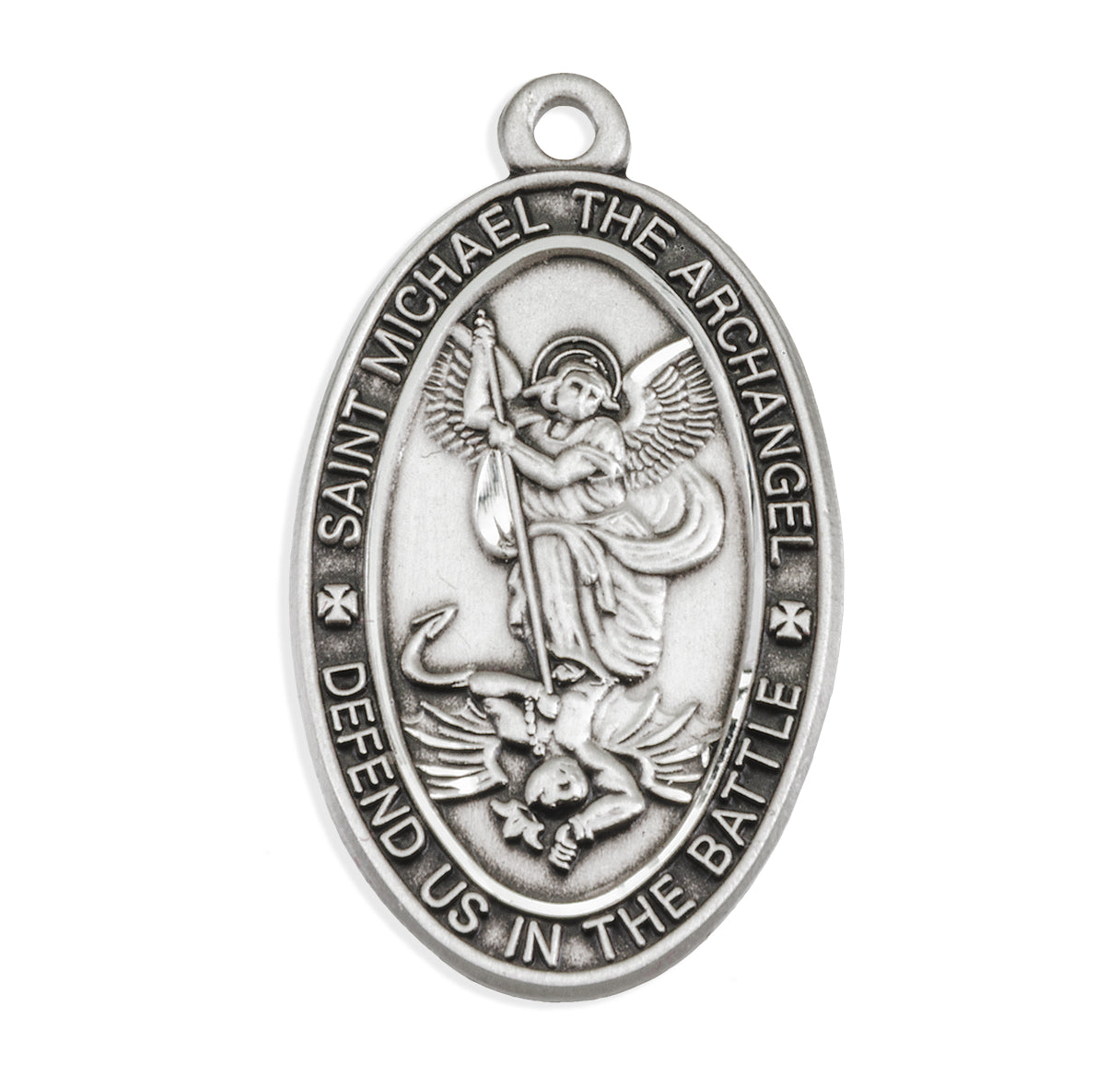 Saint Michael the Archangel Slaying Demon Oval Sterling Silver Medal Pendant with Chain | .925 Silver