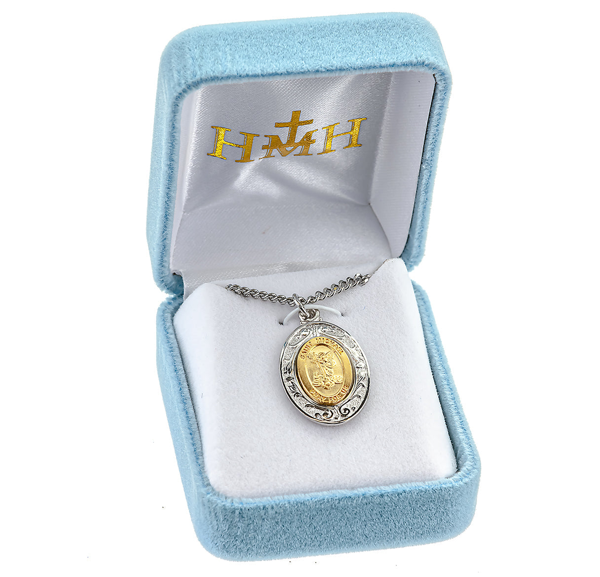 Gold Over Sterling Silver St. Michael Pendant with Rhodium Plated Sterling Silver Border | 16kt Gold Plated .925 Silver