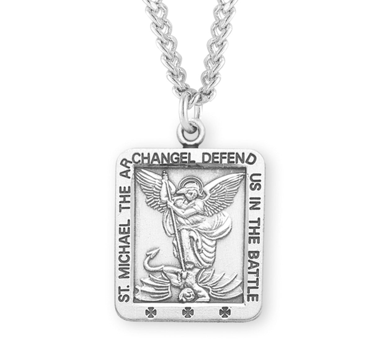 Saint Michael the Archangel Slaying Demon Square Sterling Silver Medal Pendant with Chain | .925 Silver