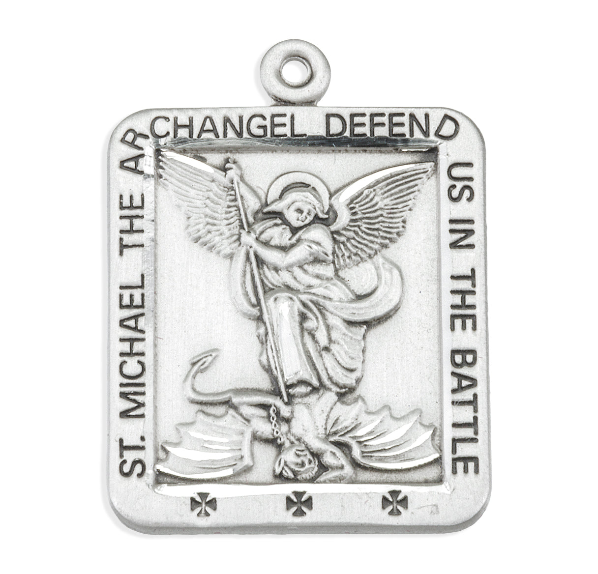 Saint Michael the Archangel Slaying Demon Square Sterling Silver Medal Pendant with Chain | .925 Silver