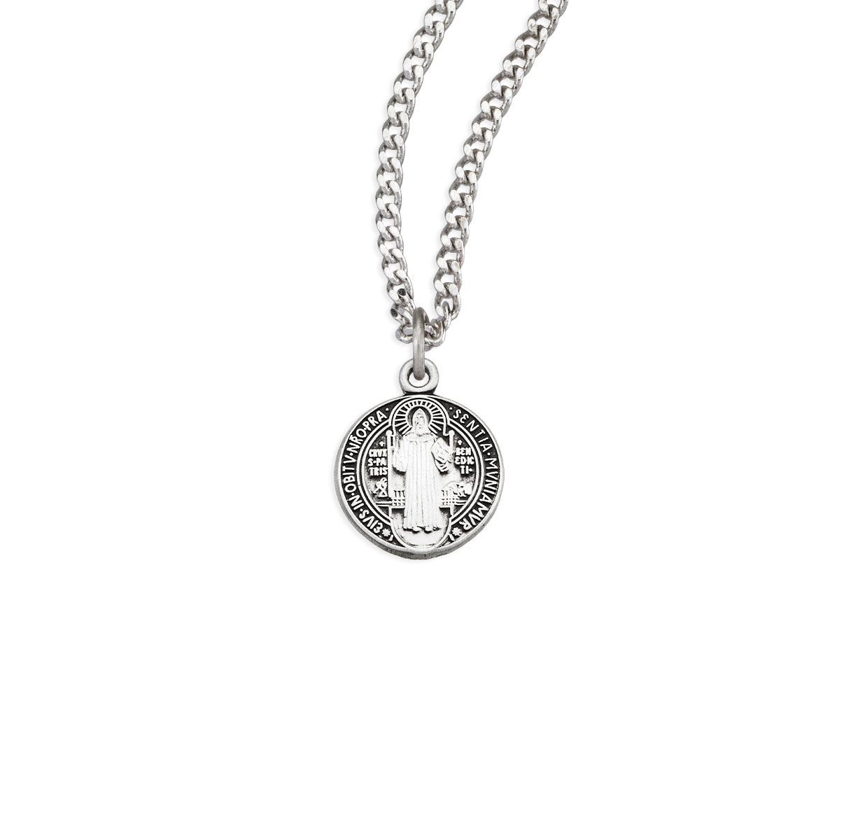 Saint Benedict Protection Round Jubilee Sterling Silver Medal Pendant with Chain | .925 Silver
