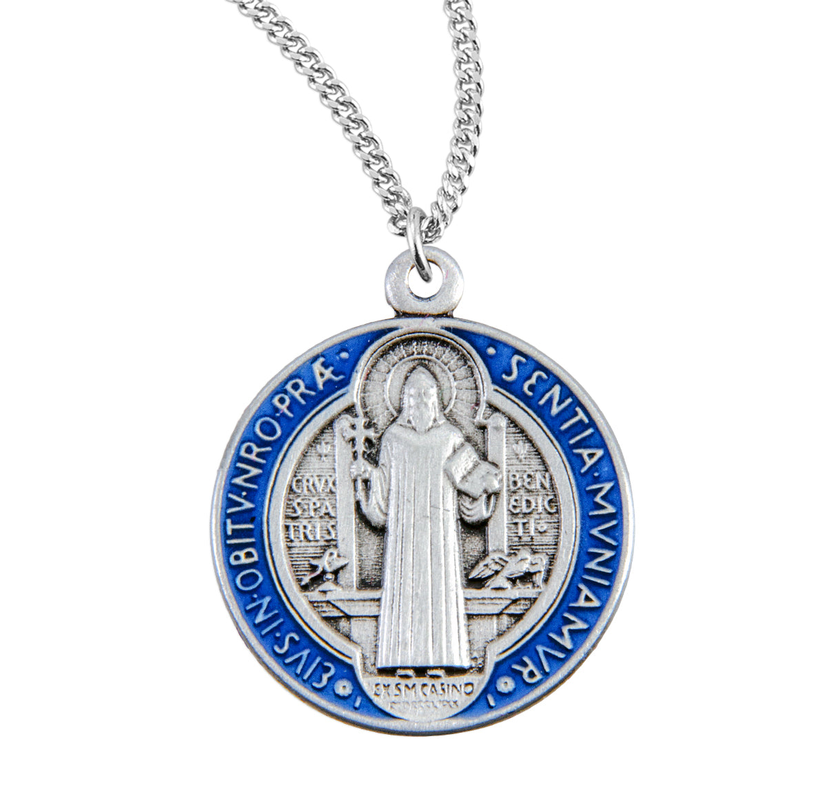 Saint Benedict Protection Round Blue and Red Enameled Jubilee Sterling Silver Medal Pendant with Chain | .925 Silver