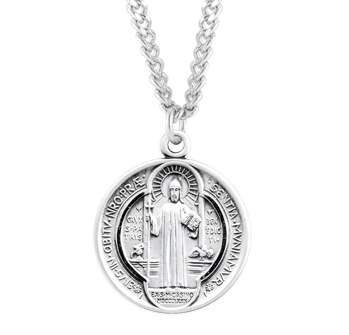 Saint Benedict Protection Round Jubilee Sterling Silver Medal Pendant with Chain | .925 Silver