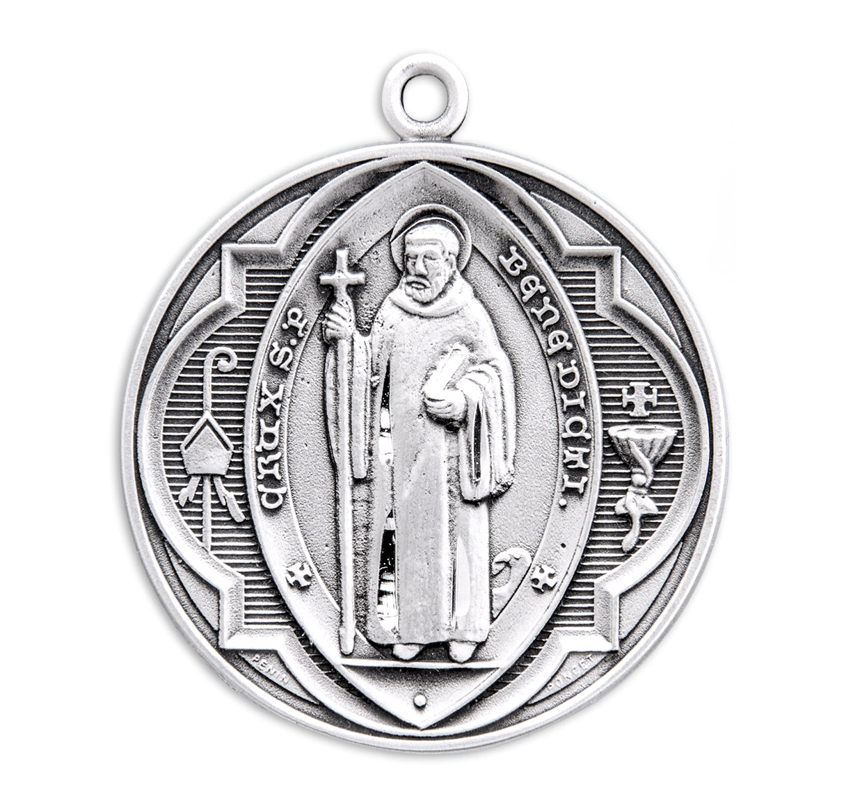 Saint Benedict Protection Round Jubilee Sterling Silver Medal Pendant with Chain | .925 Silver