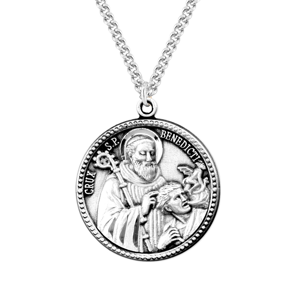 Saint Benedict Protection Round Sterling Silver Medal Pendant with Chain | .925 Silver
