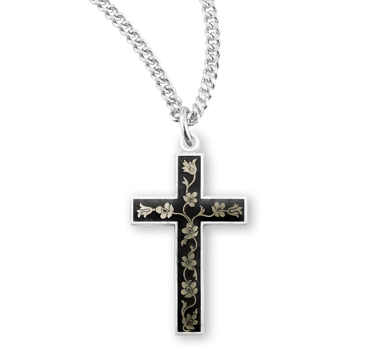 Black Enameled Sterling Silver Cross Necklace | .925 Silver