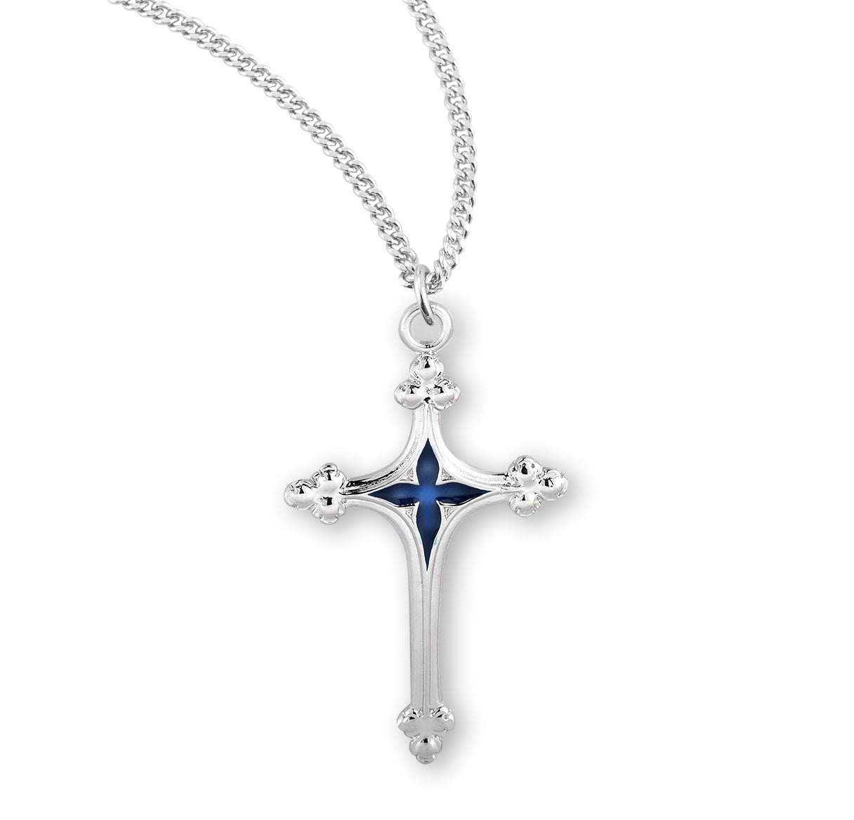 Sterling Silver Cross with Blue Enameled Center Necklace | .925 Silver