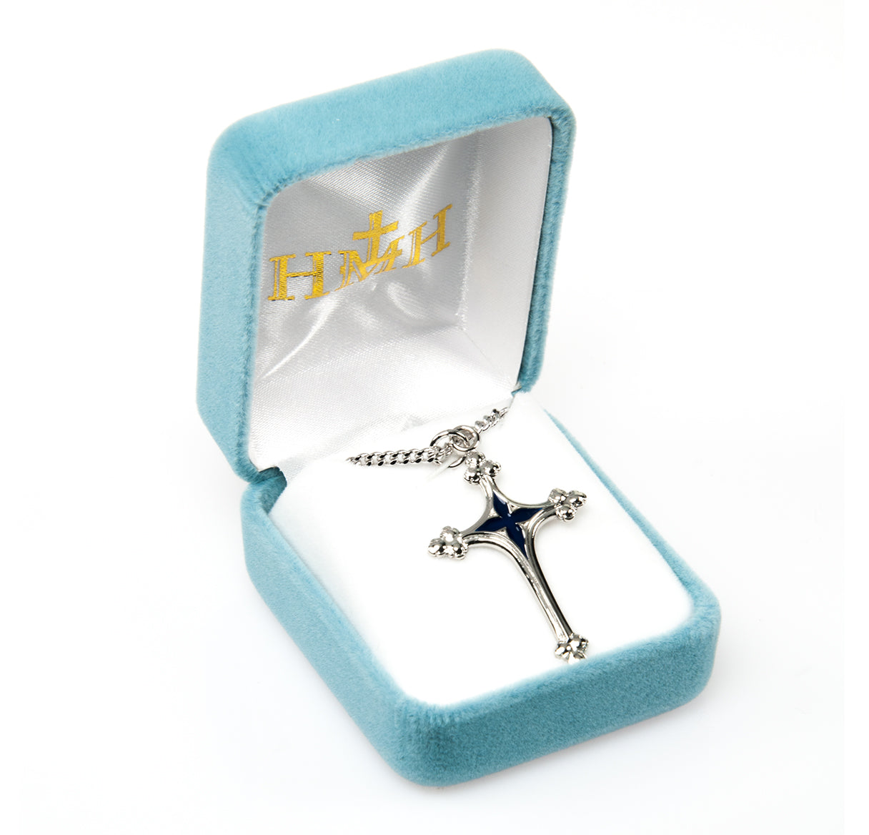 Sterling Silver Cross with Blue Enameled Center Necklace | .925 Silver