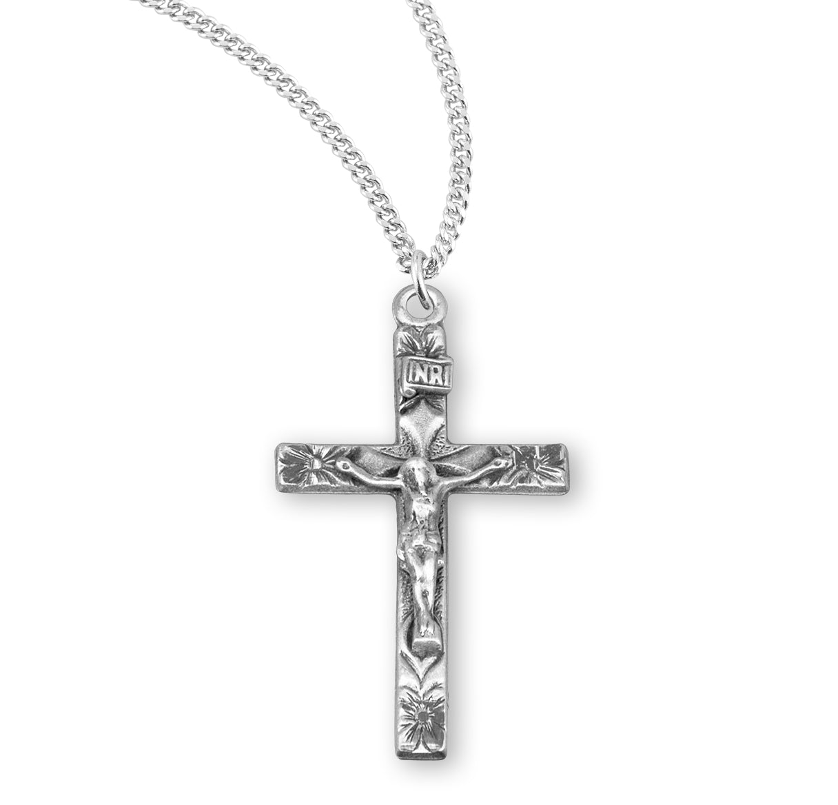 Sterling Silver Floral Engraved Crucifix Necklace | .925 Silver