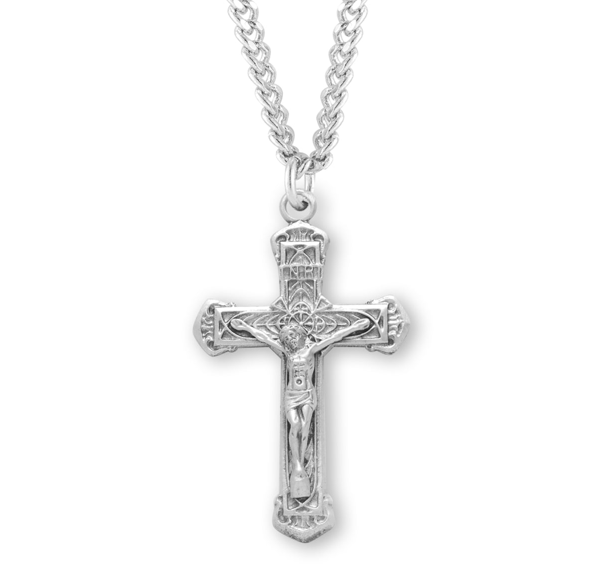 Intricate Lined Sterling Silver Crucifix Necklace | .925 Silver