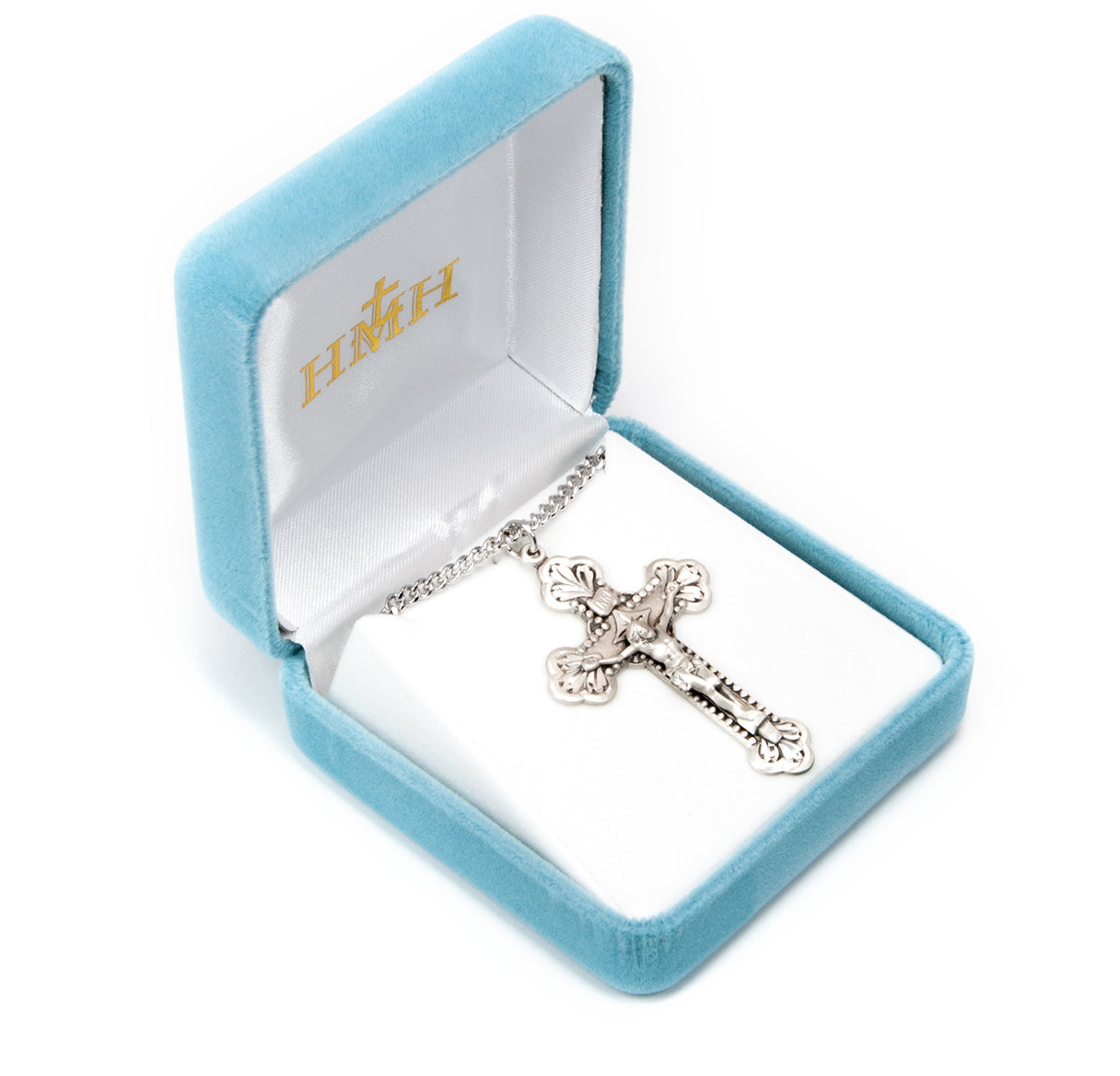 Baroque Leaf Design Sterling Silver Crucifix Necklace | .925 Silver