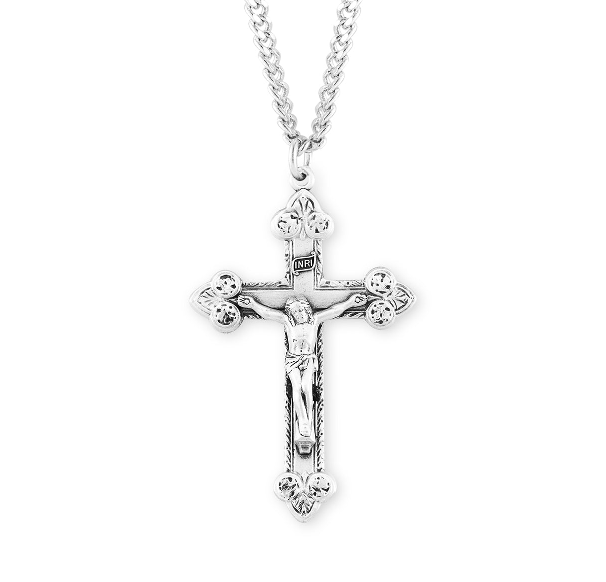 Scrolled Leaf Design Sterling Silver Crucifix Necklace | .925 Silver
