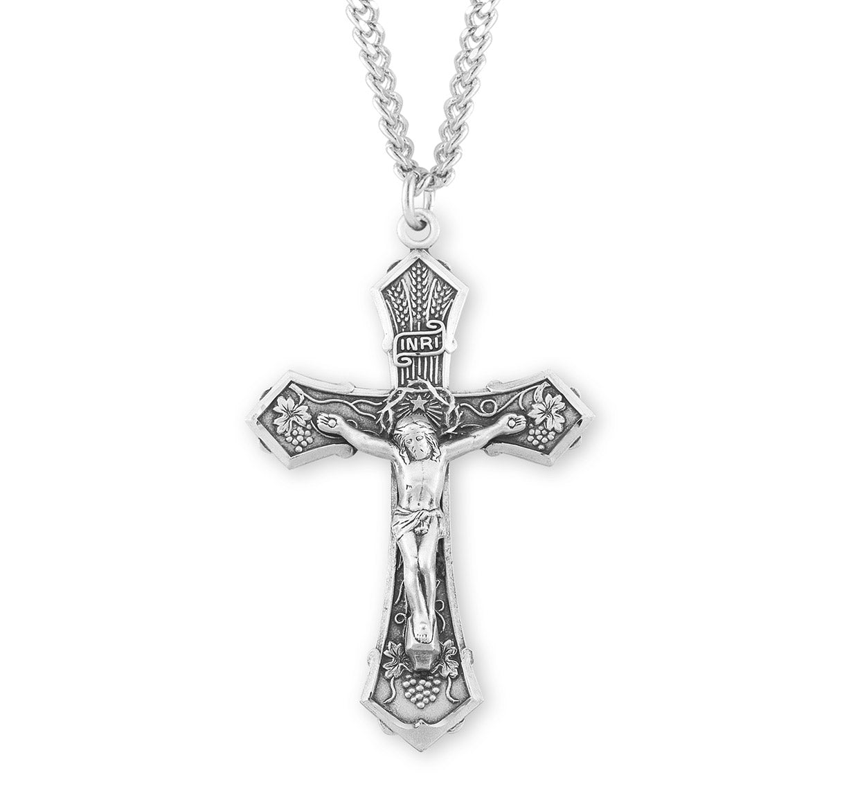 Grape and Wheat Design Sterling Silver Crucifix Necklace | .925 Silver