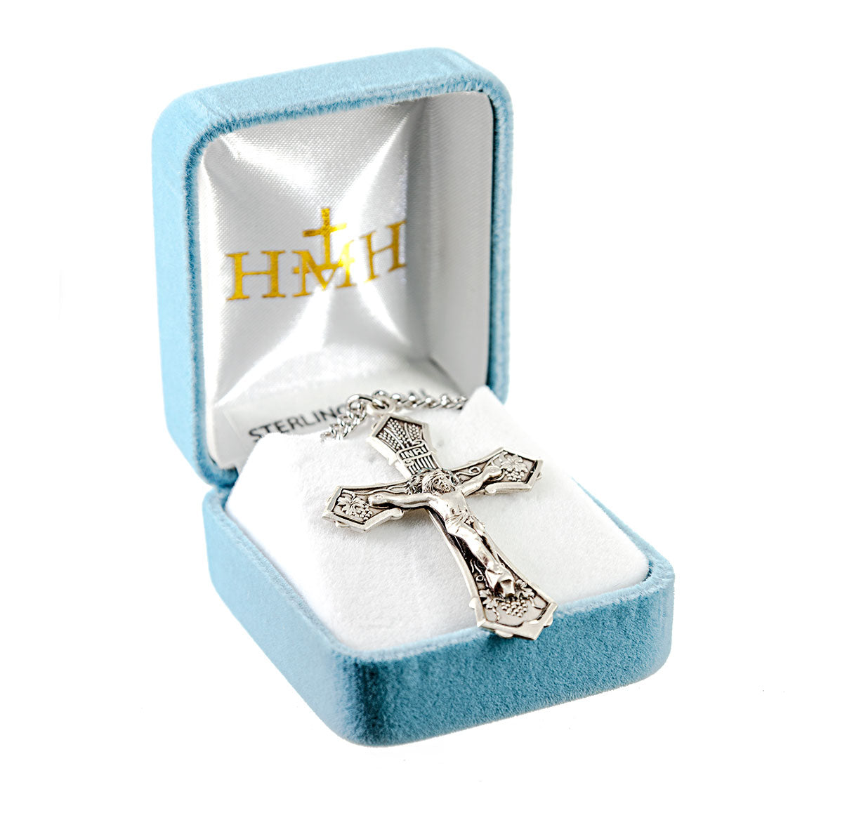Grape and Wheat Design Sterling Silver Crucifix Necklace | .925 Silver