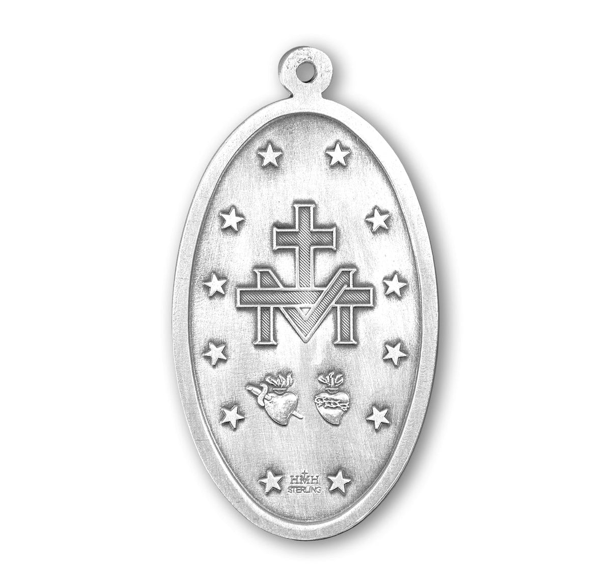 Sterling Silver Large Oval Miraculous Medal Pendant with Chain | .925 Silver