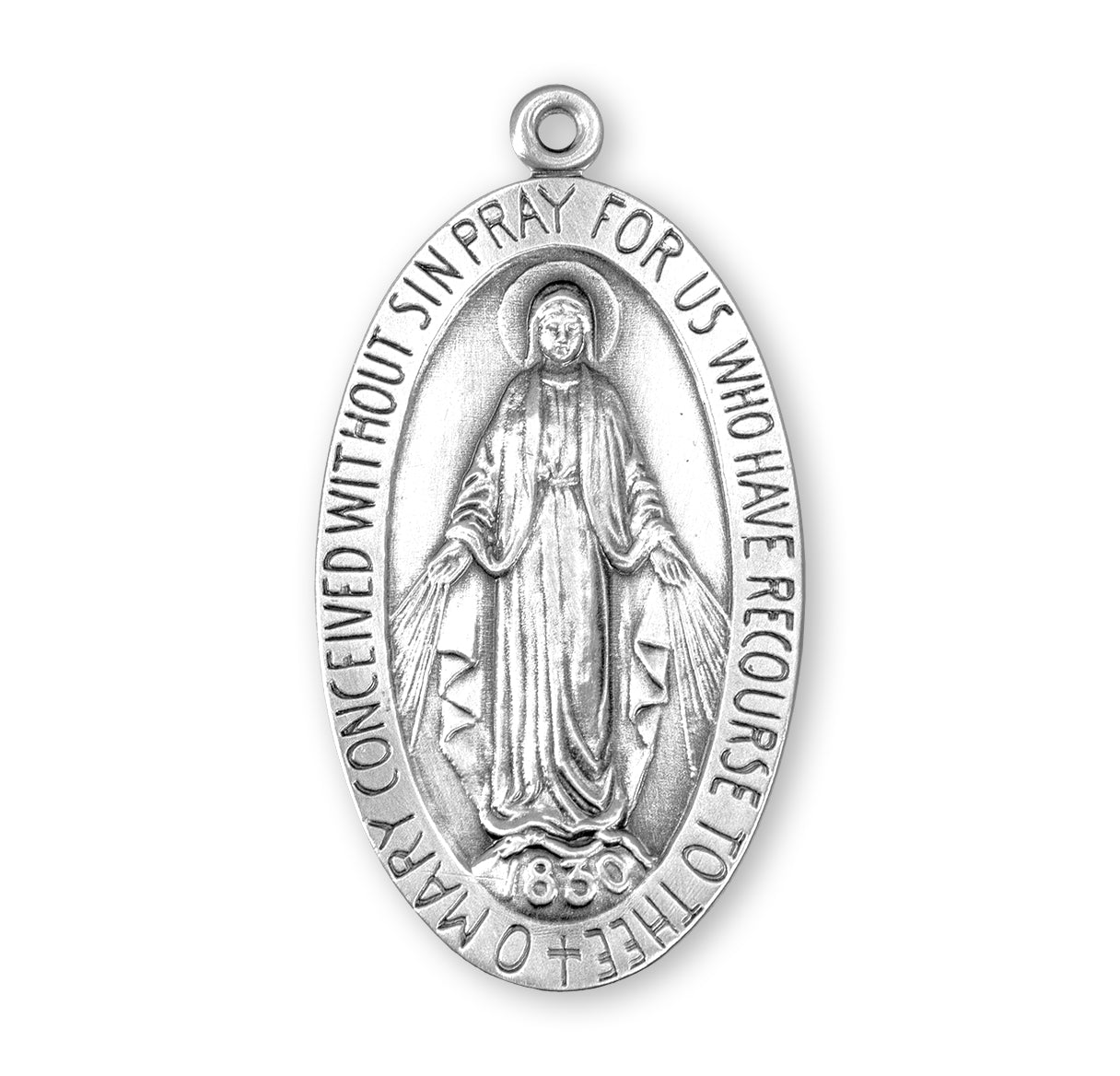 Sterling Silver Large Oval Miraculous Medal Pendant with Chain | .925 Silver