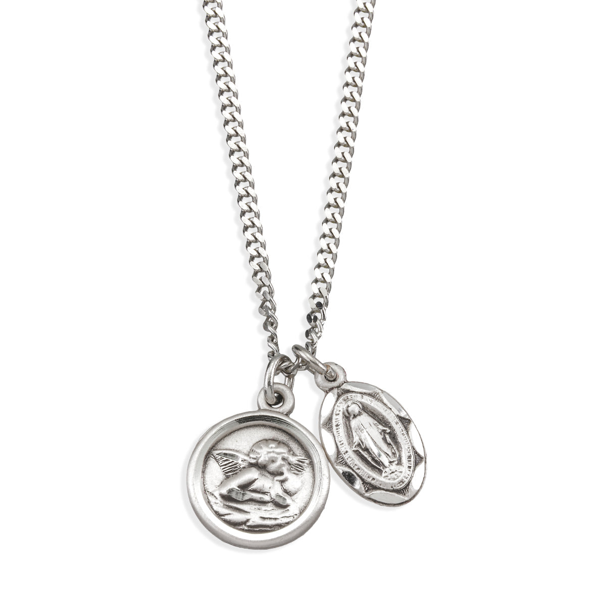Sterling Silver Miraculous Medal and Cherub Medal Pendant with Chain | .925 Silver