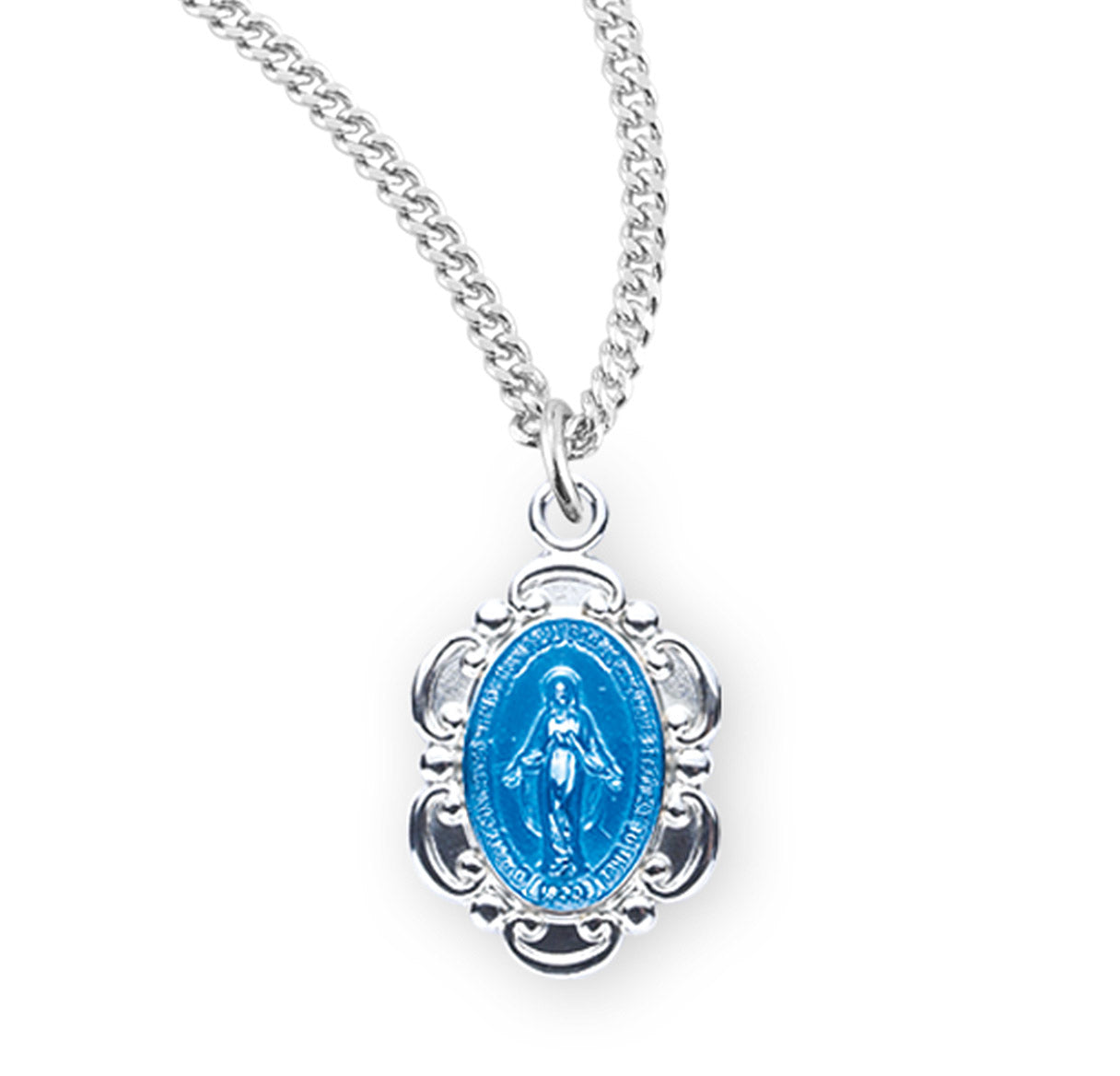 Sterling Silver Blue Enameled Oval Fancy Edge Miraculous Medal Pendant with Chain | .925 Silver