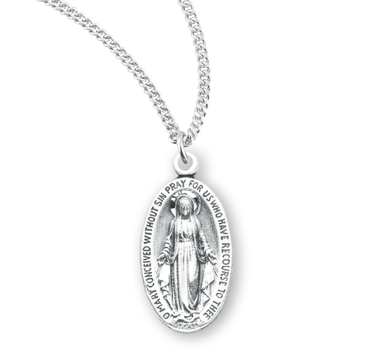Sterling Silver Oval Miraculous Medal Pendant with Chain | .925 Silver