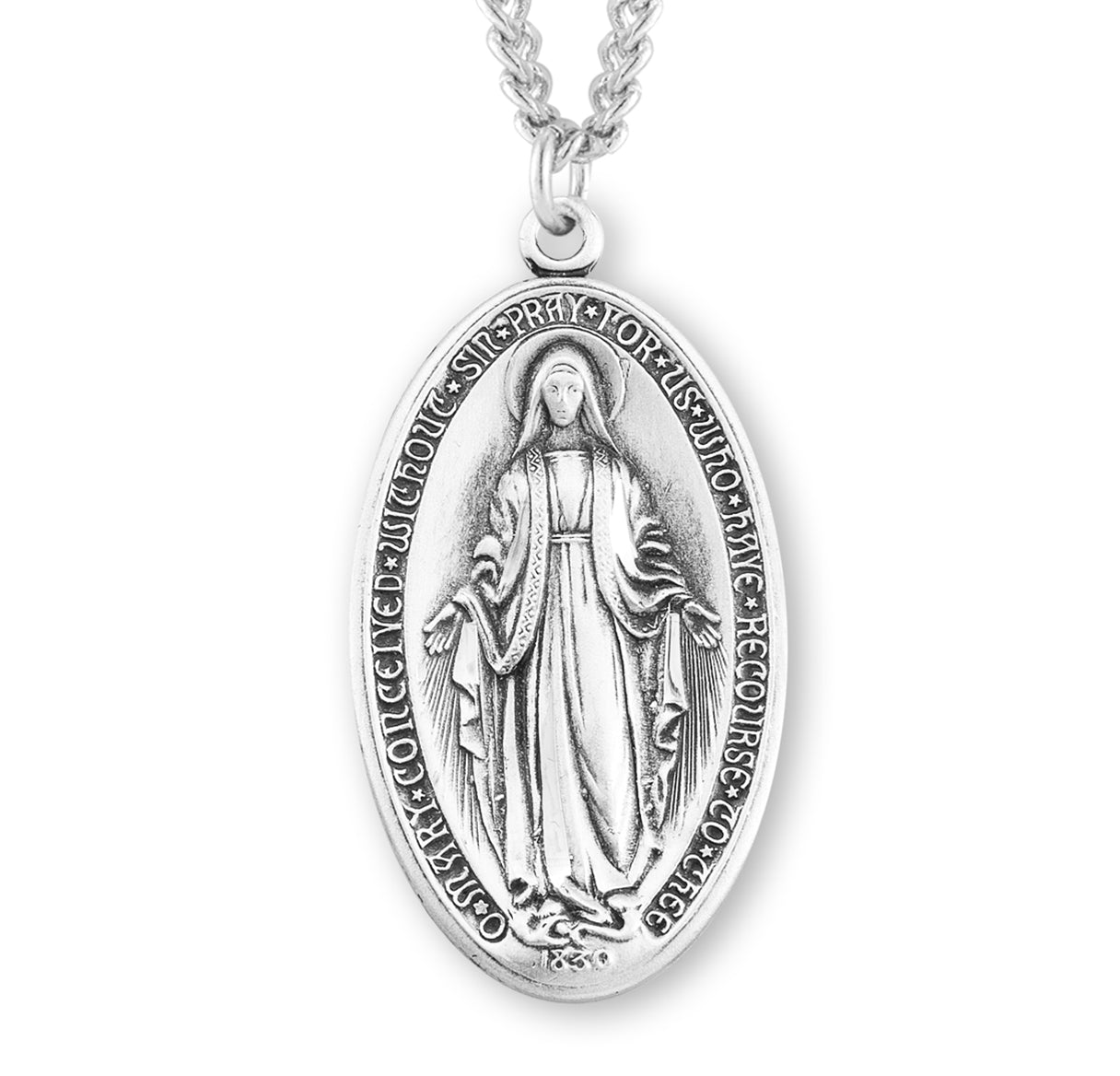 Sterling Silver Oval Miraculous Medal Pendant with Chain | .925 Silver