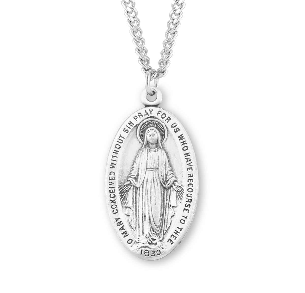 Sterling Silver Oval Miraculous Medal Pendant with Chain | .925 Silver