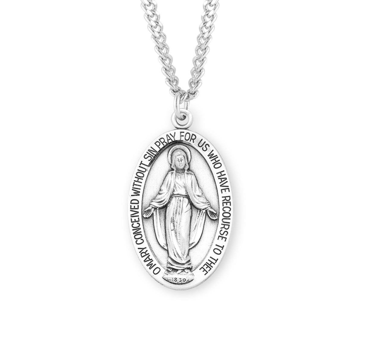 Sterling Silver Oval Miraculous Medal Pendant with Chain | .925 Silver