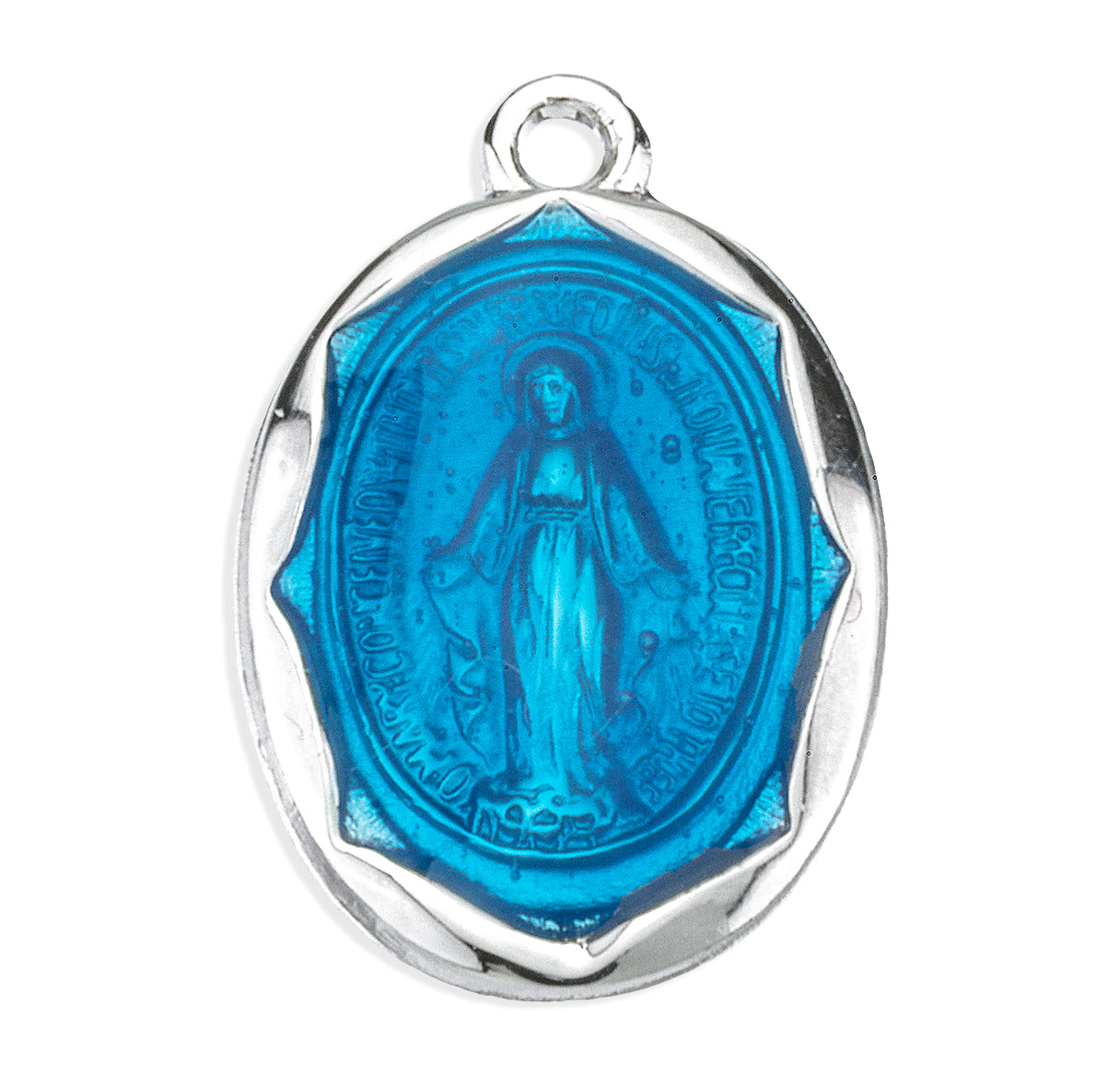 Sterling Silver Oval Blue Enameled Miraculous Medal Pendant with Chain | .925 Silver