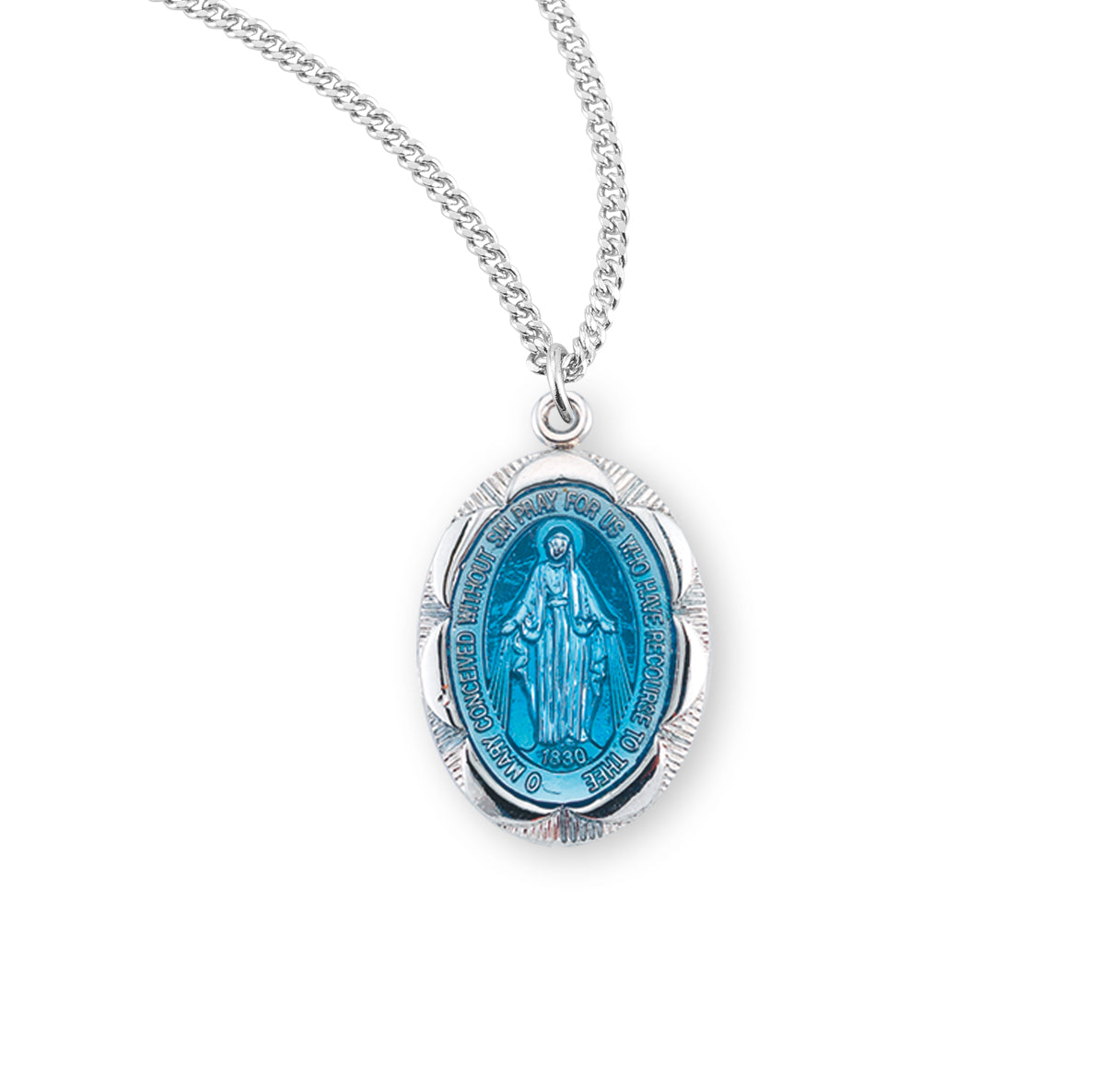Sterling Silver Oval Blue Enameled Fancy Edge Miraculous Medal Pendant with Chain | .925 Silver