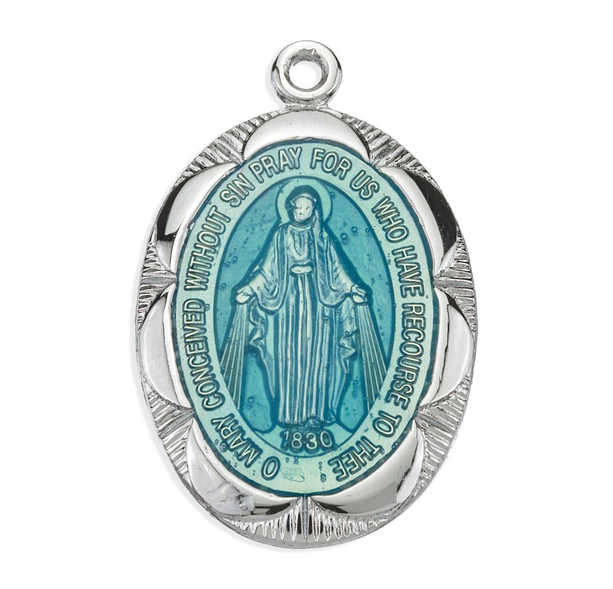 Sterling Silver Oval Blue Enameled Fancy Edge Miraculous Medal Pendant with Chain | .925 Silver
