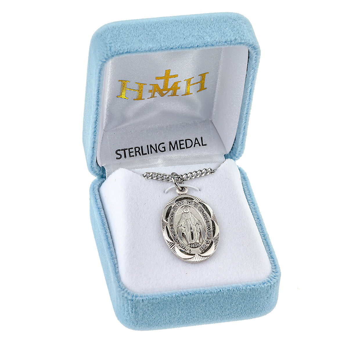 Sterling Silver Oval Fancy Edge Miraculous Medal Pendant with Chain | .925 Silver