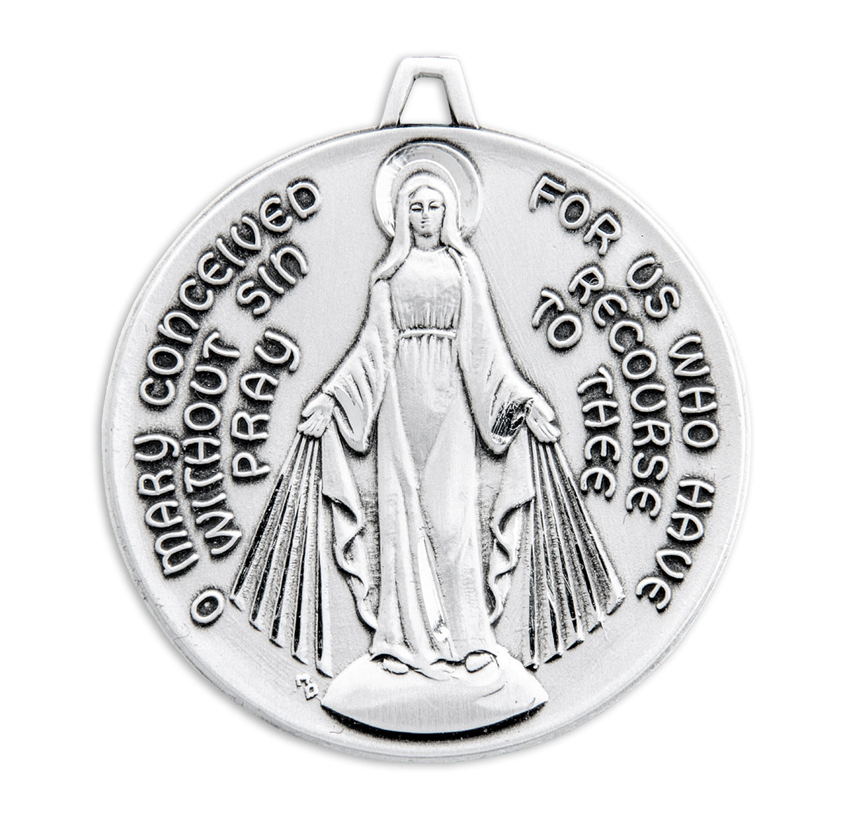 Sterling Silver Round Contemporary Miraculous Medal Pendant with Chain | .925 Silver
