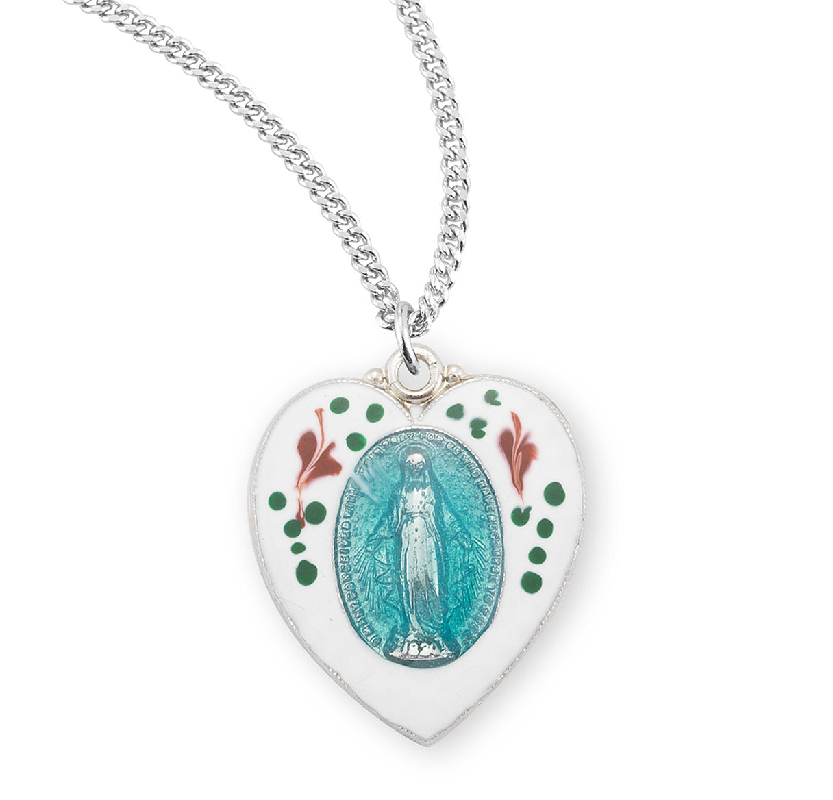 Sterling Silver Flower Enameled Heart Shape Miraculous Medal Pendant with Chain | .925 Silver