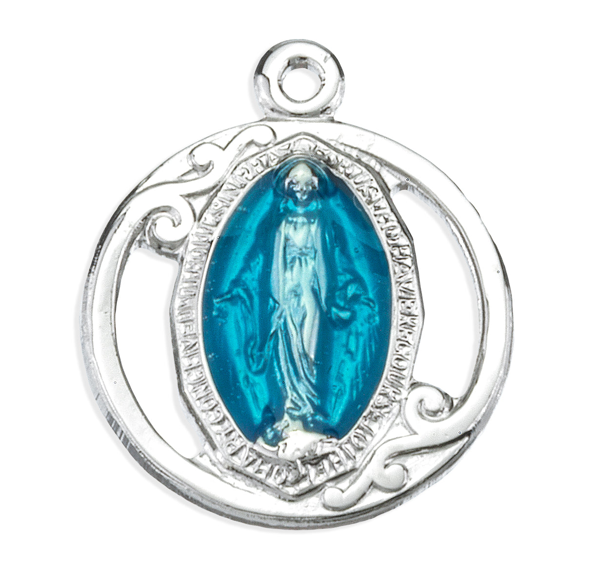 Sterling Silver Blue Enameled Miraculous Medal Pendant with Chain | .925 Silver