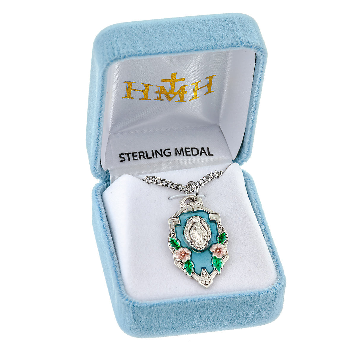 Sterling Silver Miraculous Medal Pendant with Chain in a Flower Frame | .925 Silver