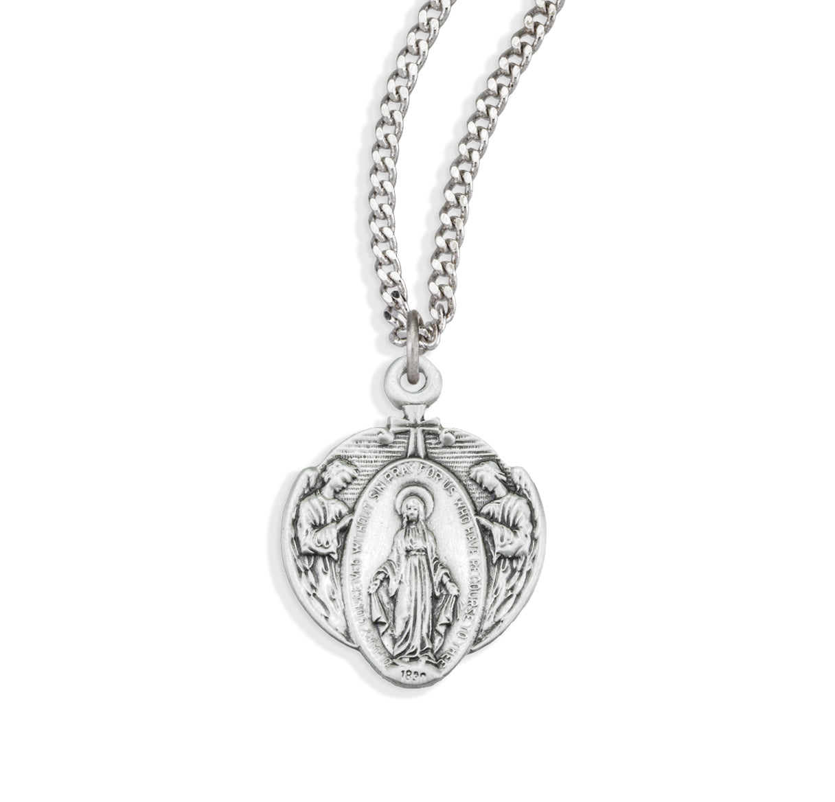 Sterling Silver Miraculous Medal with Angel Border Necklace | .925 Silver