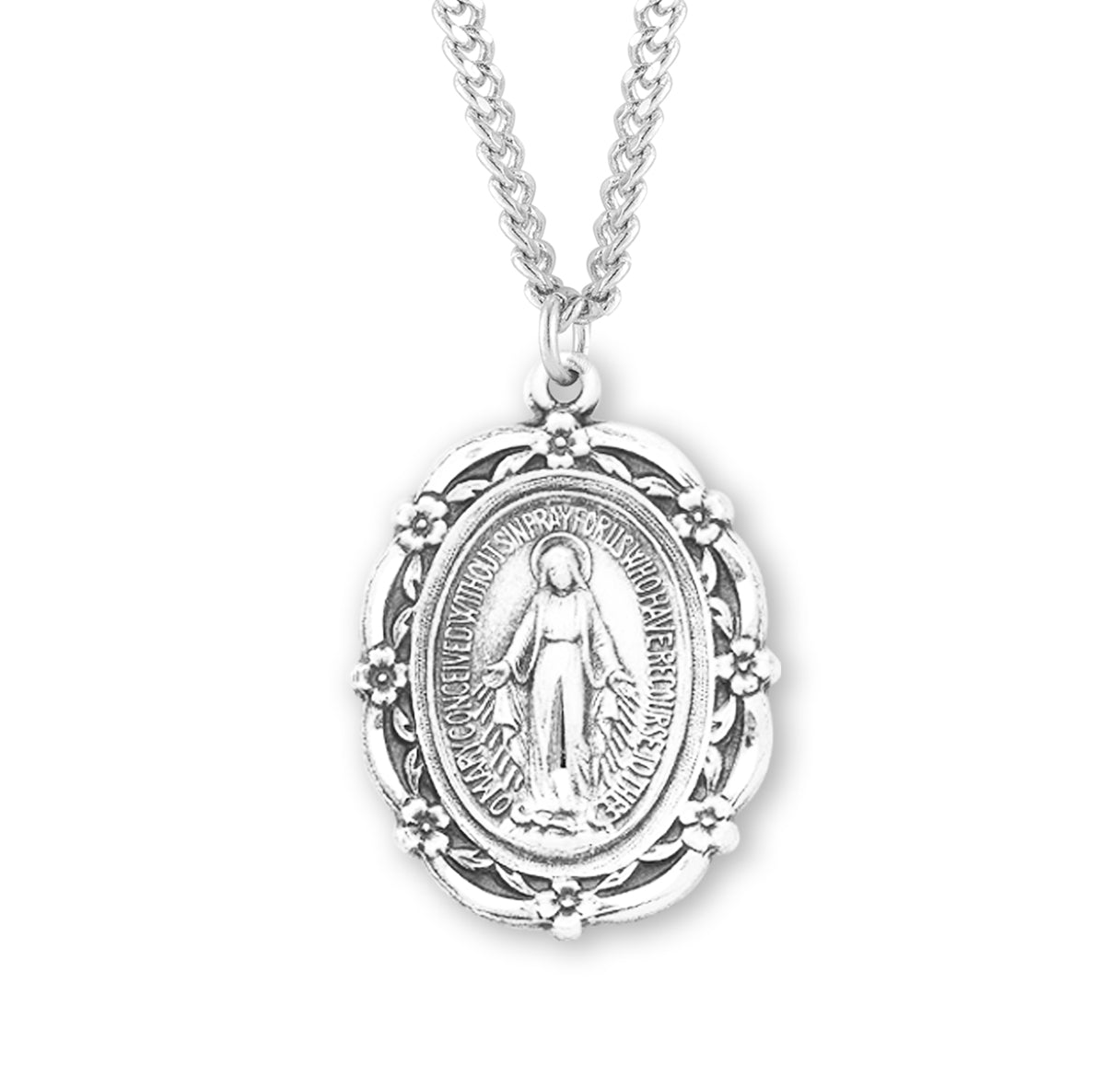 Sterling Silver Oval Miraculous Medal Pendant with Chain | .925 Silver