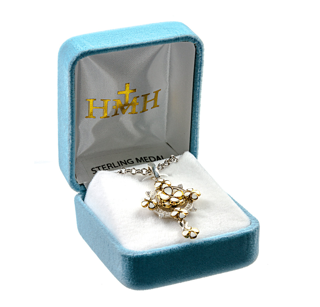 Sterling Silver Cross with White Flower Enamel & Gold Trim with CZ Accents~09 Necklace | .925 Silver