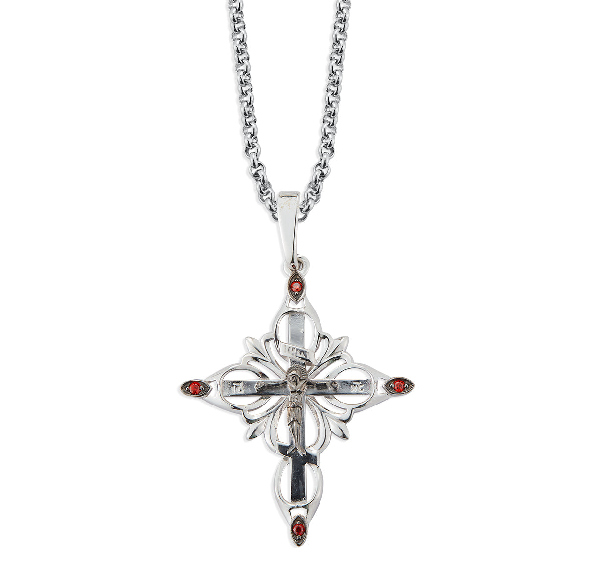 Sterling Silver Ornate Crucifix with Fire Red CZ tips Necklace | .925 Silver