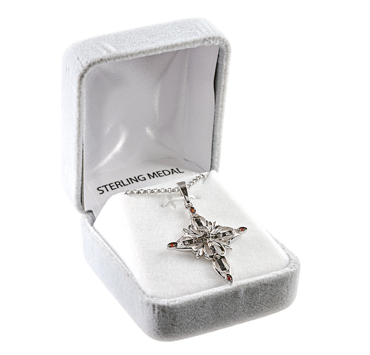 Sterling Silver Ornate Crucifix with Fire Red CZ tips Necklace | .925 Silver