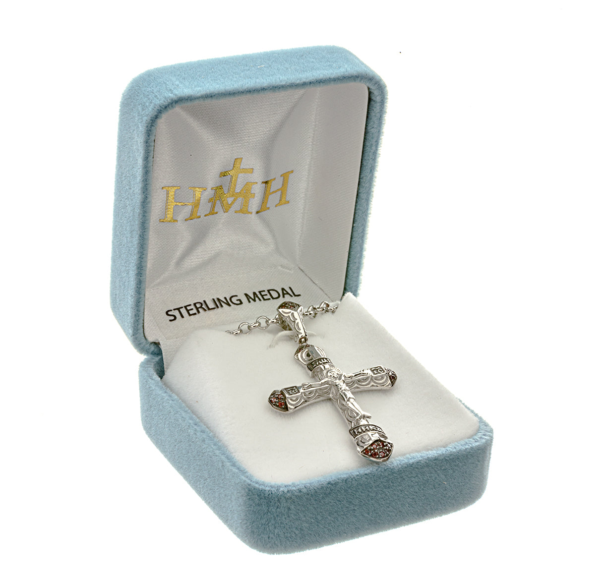 Sterling Silver Crucifix with Red CZ Tips 24" Chain Necklace | .925 Silver
